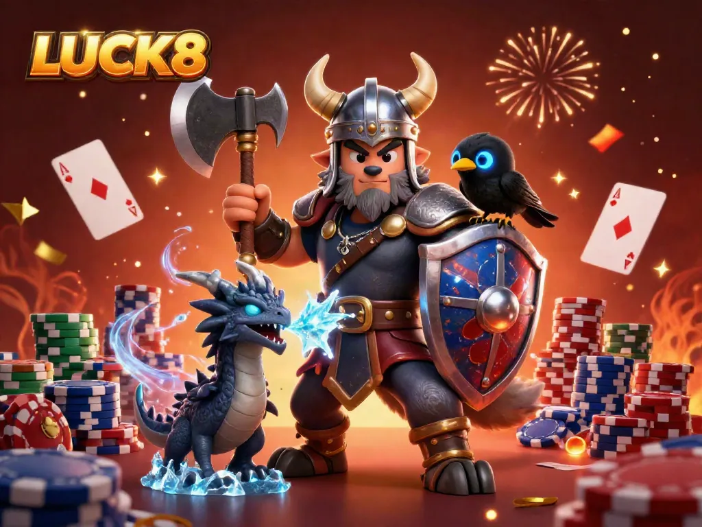 LUCK8 Viking warrior and dragon celebrate with poker chips and confetti in a dynamic casino scene.