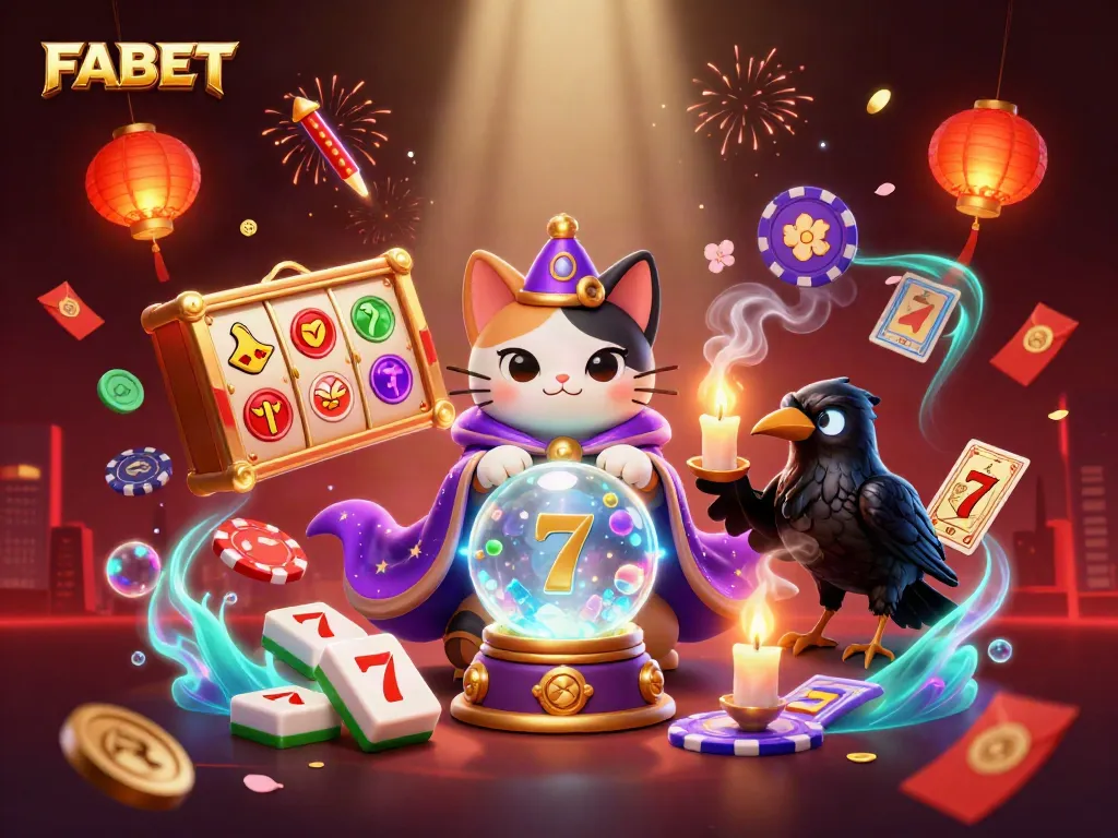 FABET cat and raven forecast lucky wins in a vibrant casino illustration.