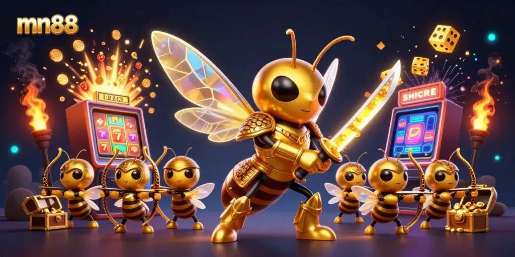 Experience exciting games at mn88 with a vibrant 3D illustration of casino elements.