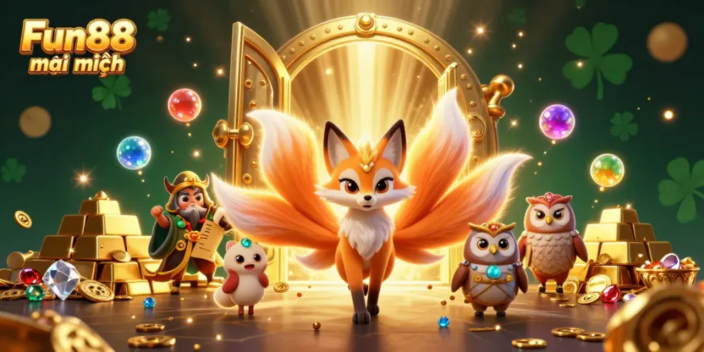 Engage with Fun88 mới nhất in a vibrant 3D illustration featuring a fox spirit and glowing treasures.