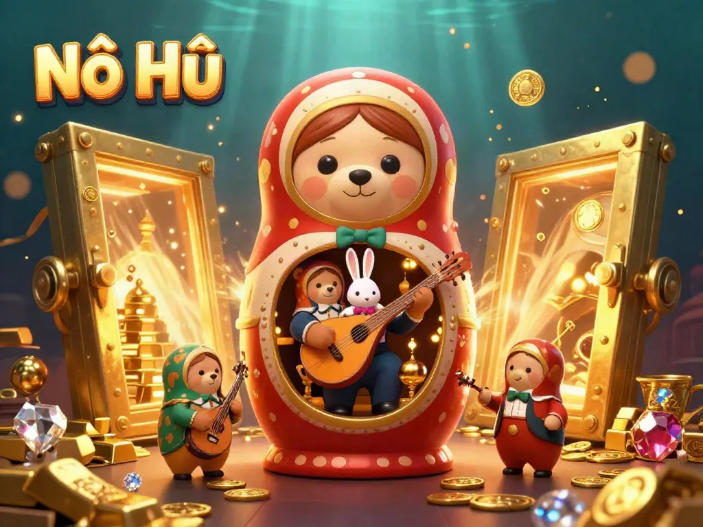 Nổ Hũ adventure with a cartoon Matryoshka bear, casino dealers, and treasures bursting from a vault.