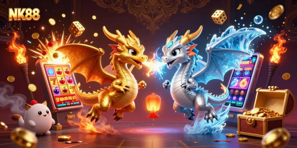 Experience the thrill of NK88 with vivid dragons and exploding jackpots in this dynamic casino illustration.