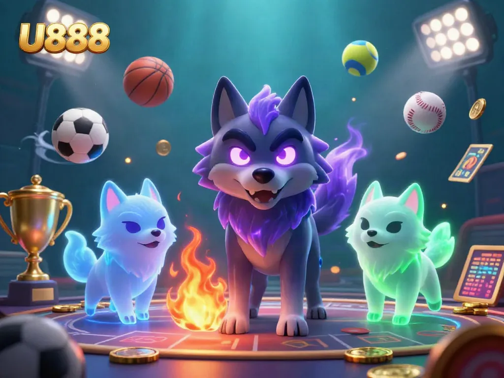 Bet on U888 with dynamic sports elements and ethereal wolf characters in an engaging casino illustration.