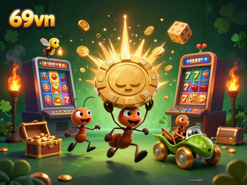 Experience thrilling gaming with 69vn as cartoon ants navigate a gold-filled casino tunnel heist.