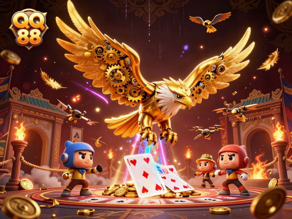 Engage with QQ 88's vibrant casino scene featuring a golden eagle amidst holographic cards and colorful casino elements.