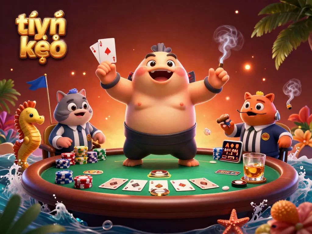 Engaging scene depicting tỷ lệ kèo with a fugu in a sumo belt, catfish referee, and vibrant poker elements