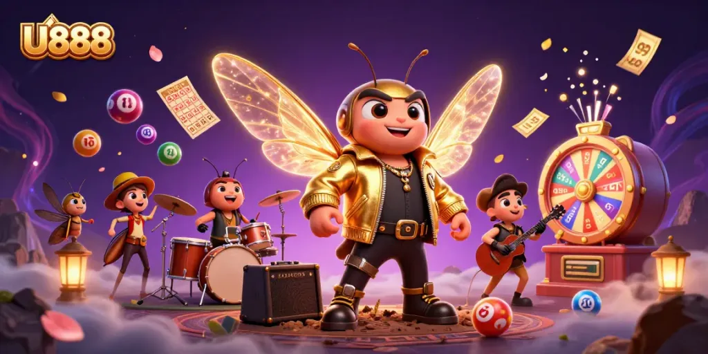 Engage in U888 thrilling games with a vibrant 3D rock star scene filled with lively casino elements.