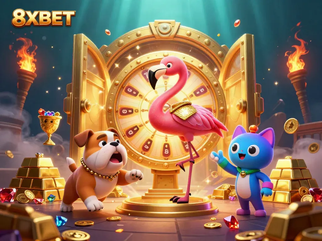 Experience thrilling gambling excitement with 8XBET in a vibrant 3D illustration showcasing dynamic game elements.