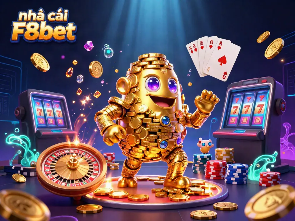 Spin to win with Nhà cái F8bet, featuring a golden golem surrounded by casino elements.