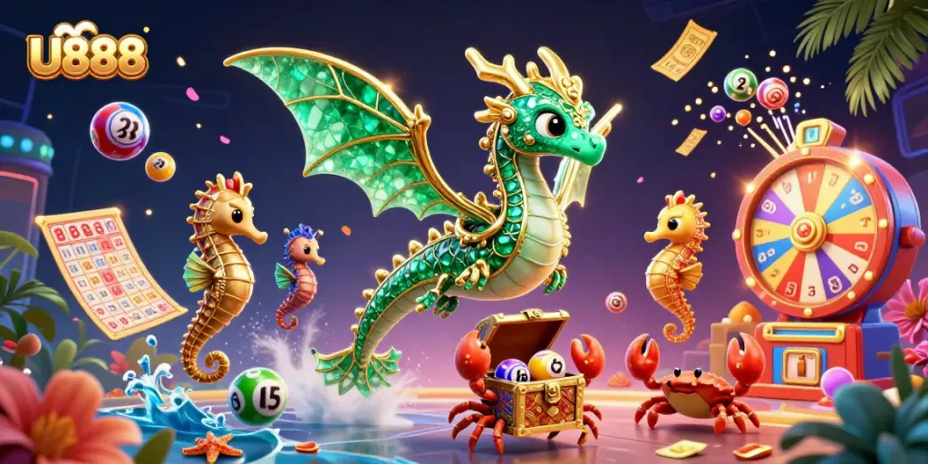Engage in thrilling games at U888, featuring a vibrant underwater casino world filled with lottery elements and animated characters.