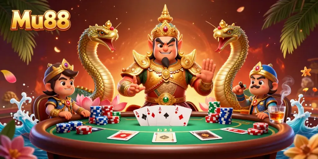 Engage with Mu88's vibrant online casino scene, featuring a combat-ready guardian and poker action.