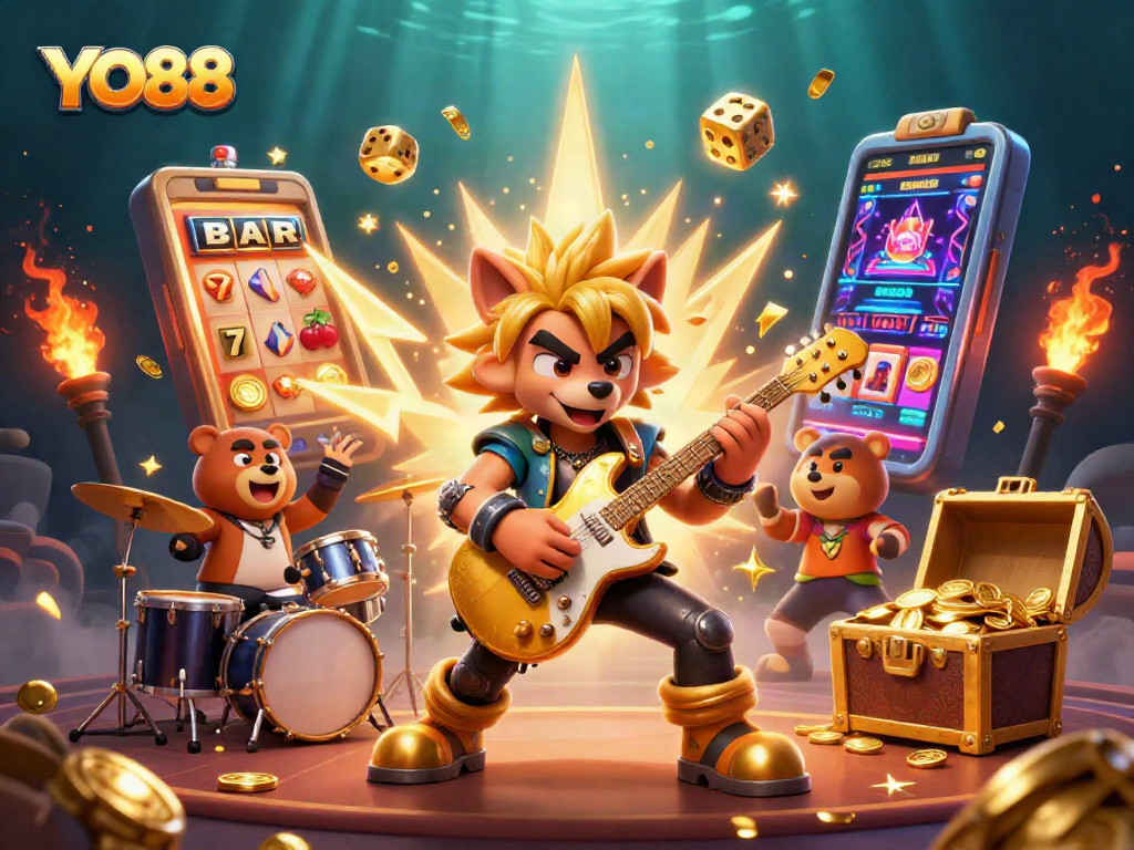 Engage in exciting gaming adventures with YO88, featuring colorful slot machines and characters.