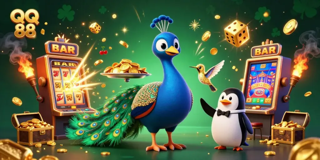 Experience the thrill at QQ 88 with golden chips and exciting casino elements in a vibrant 3D illustration.
