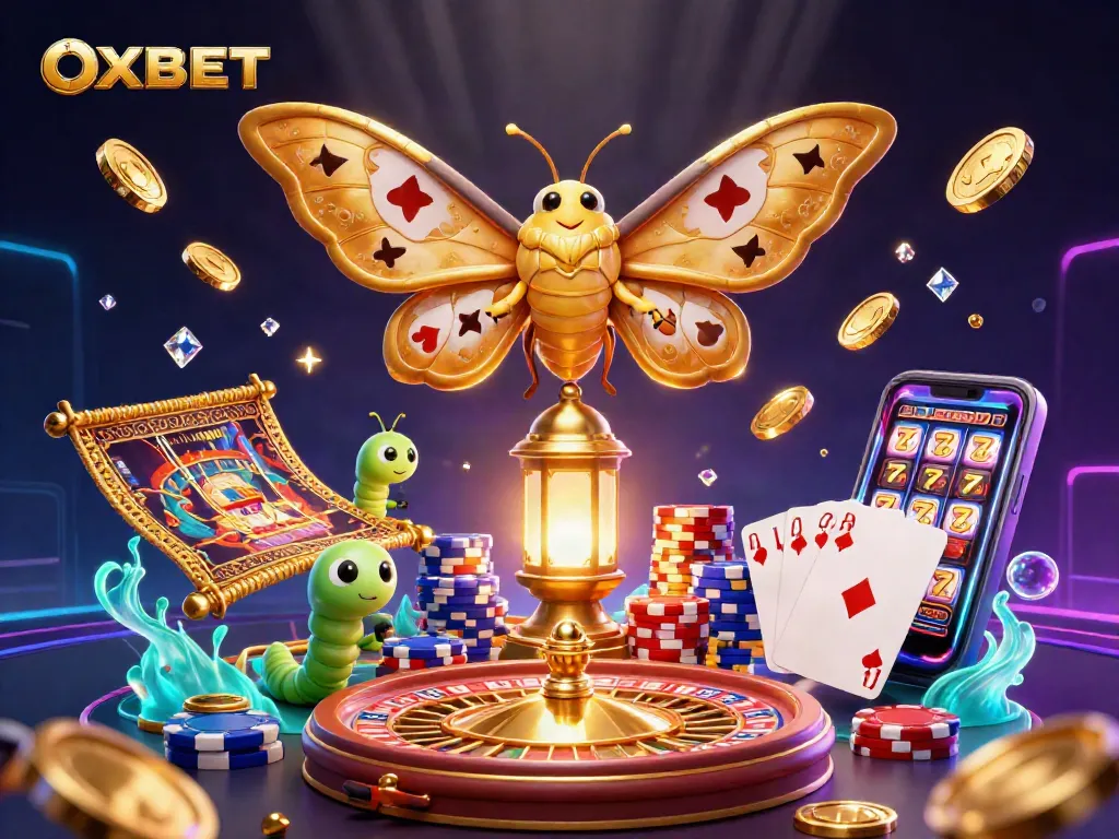 Play exciting games at OXBET featuring a colorful and dynamic casino-themed illustration