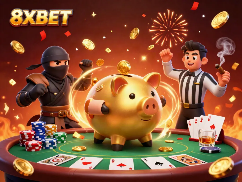 8XBET golden piggy bank sumo wrestler and ninja opponent create action-filled ambiance in a lively poker scene.
