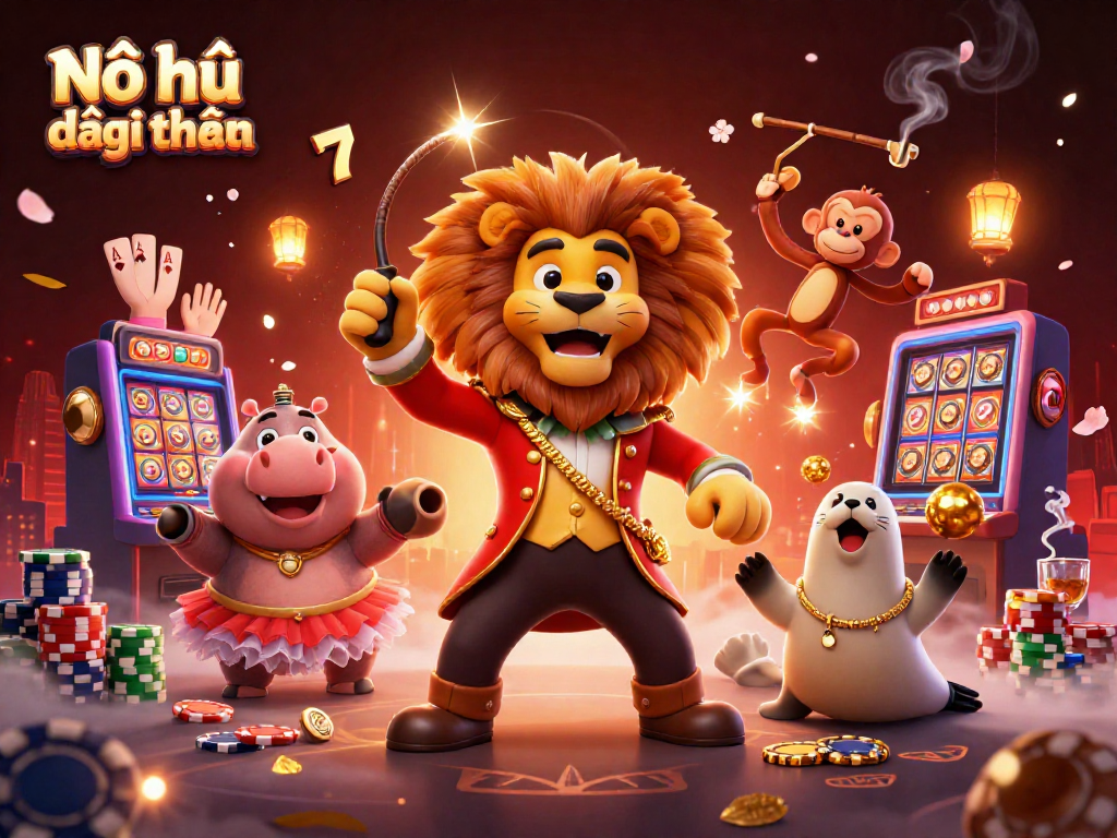 Nổ hũ đổi thưởng scene with a circus ringmaster lion and festive casino elements showcasing vibrant slot and poker action.