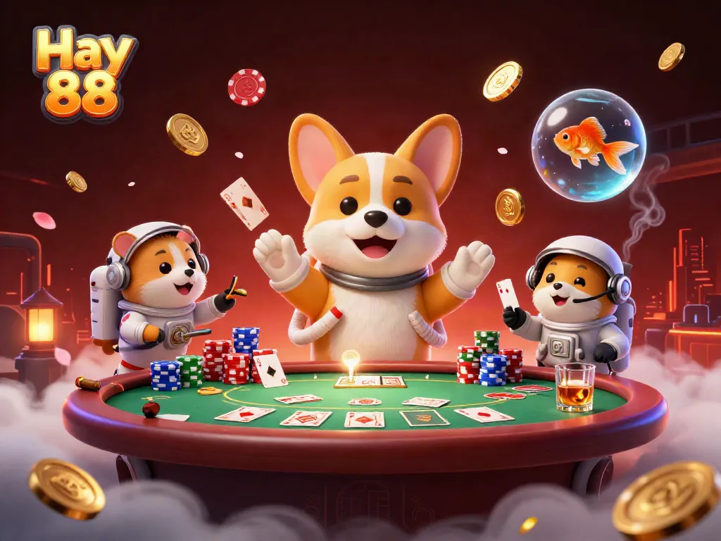 Hay 88 casino scene where a corgi astronaut and friends engage in poker with floating chips and coins.