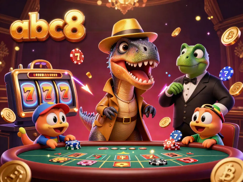 Experience thrilling gameplay at abc8 with a velociraptor card counter and unique characters in a vibrant casino scene.