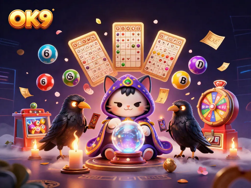 Experience thrilling online casino games at OK9, featuring vivid casino elements like spinning wheels and lottery balls.