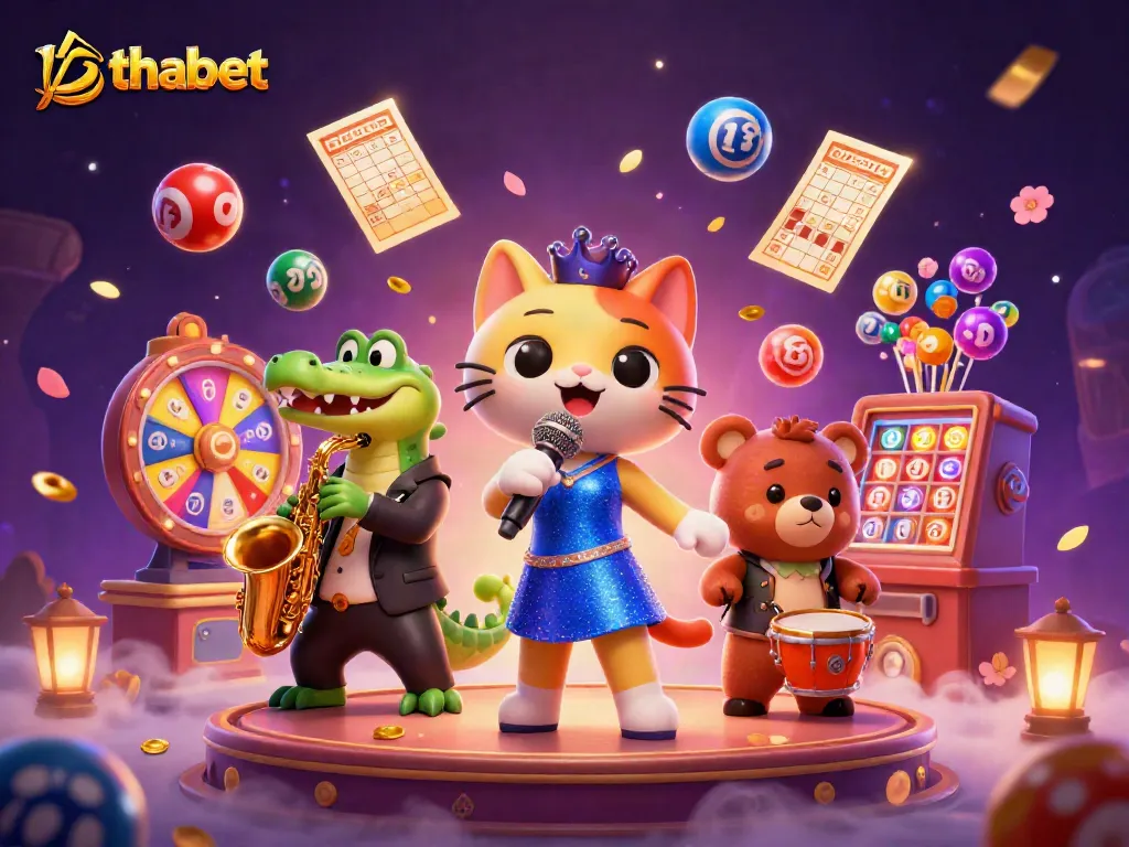 Engage with thabet's vibrant gaming atmosphere featuring colorful casino characters amidst dynamic gambling elements.