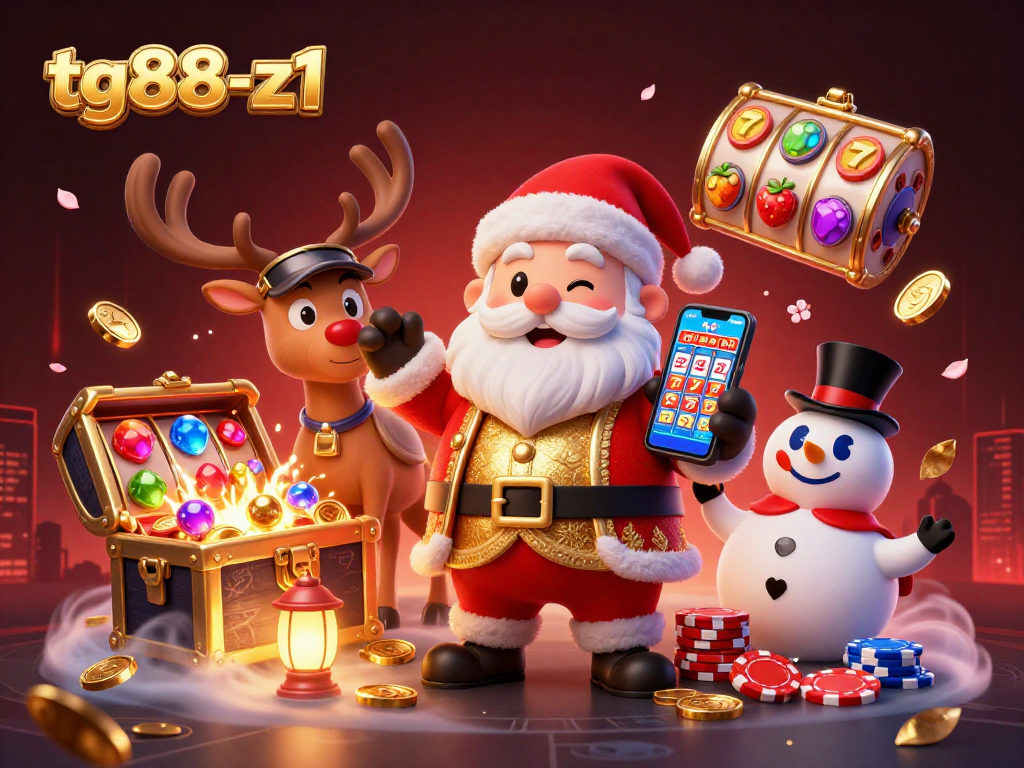Catch the festive jackpot action with tg88-z1 featuring Santa and friends in a vibrant casino scene.