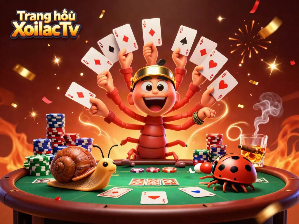 Experience the excitement of Trang chủ XoilacTv with a colorful 3D poker scene featuring engaging characters.