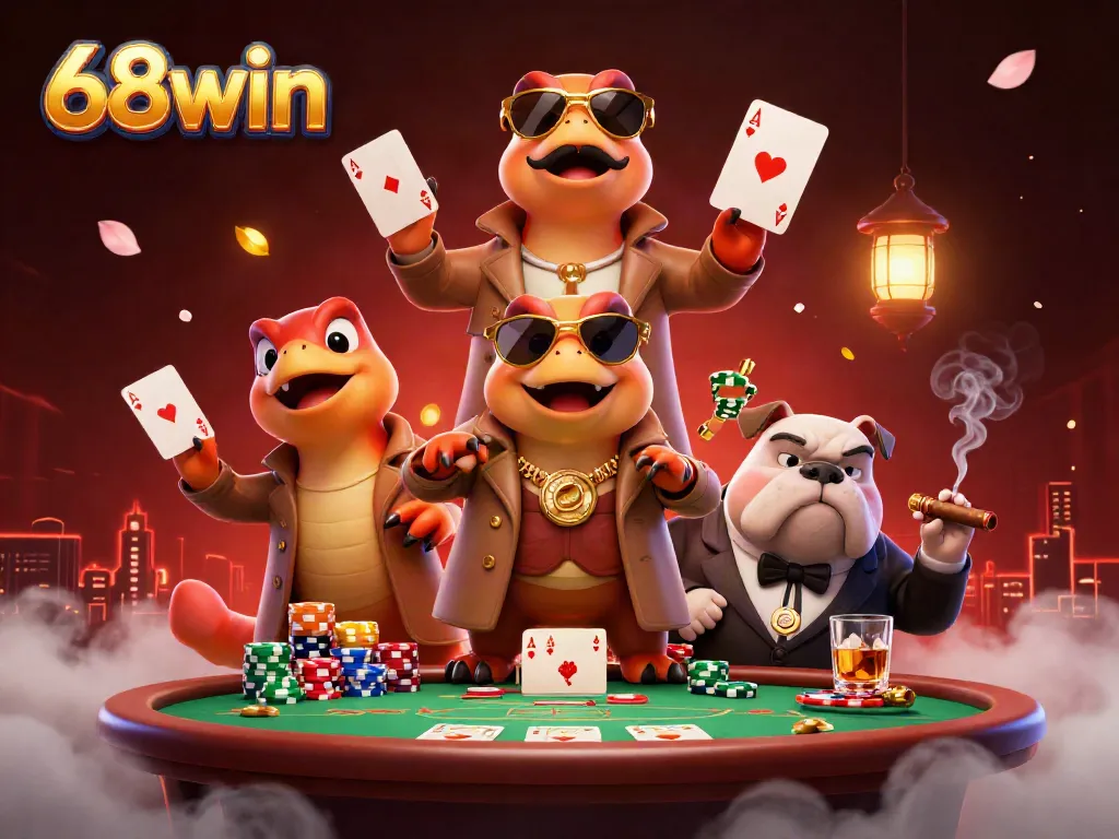 Play poker with 68win's unique twist, illustrated with cartoon raptors in a trench coat.