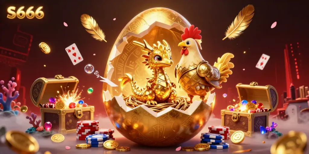 S666 invites gamblers to win big with a golden dragon, poker chips, and dynamic casino elements in a striking illustration.