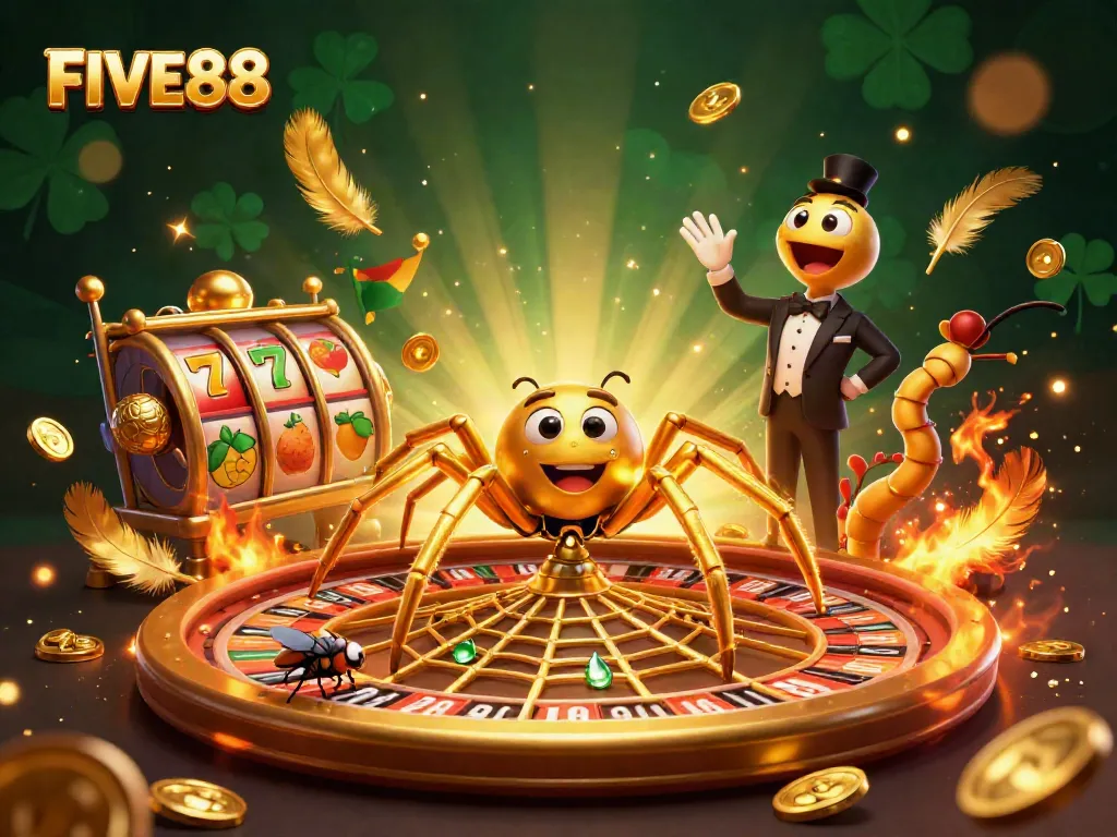 Experience thrilling gameplay with FIVE88's golden spider spinning a roulette web as players place bets.