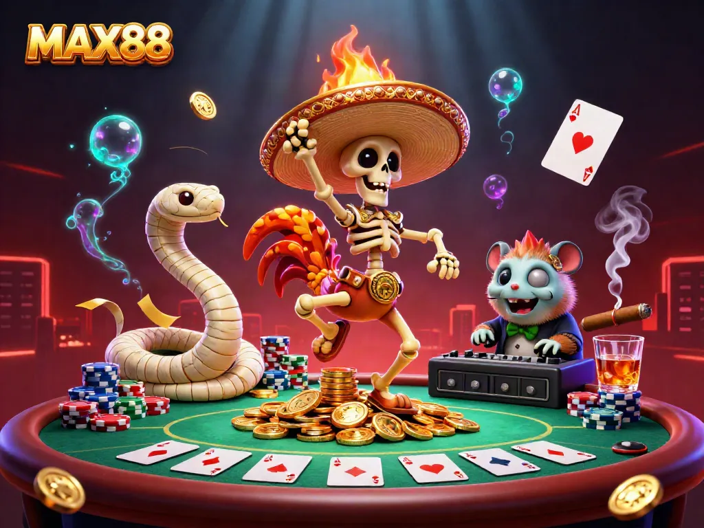 Celebrate wins at MAX88 with a vibrant scene featuring a dancing mariachi rooster and a mummy snake in casino games.