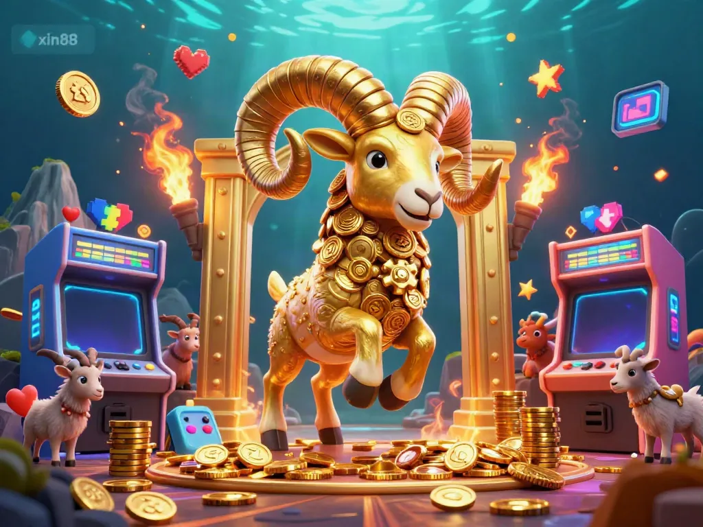 Engage in thrilling gameplay at xin88 with a vibrant 3D casino scene featuring golden ram and arcade games.