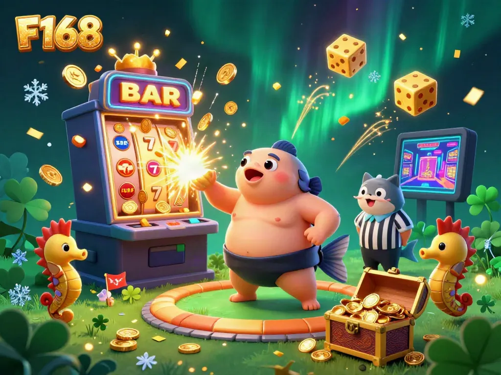 Win big at F168 with a vibrant underwater casino scene showcasing a puffed fugu, playful elements, and jackpot excitement.