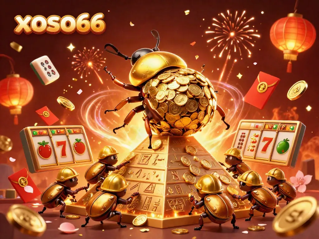 xoso66 brings vibrant excitement with a golden dung beetle and floating slots as symbols of jackpot opportunities.