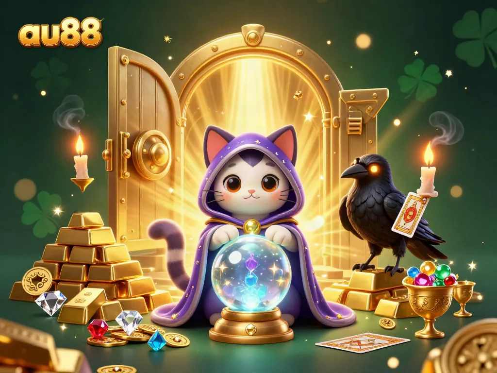 Experience the magic of au88 with dynamic characters and golden treasures in an enchanting casino scene.