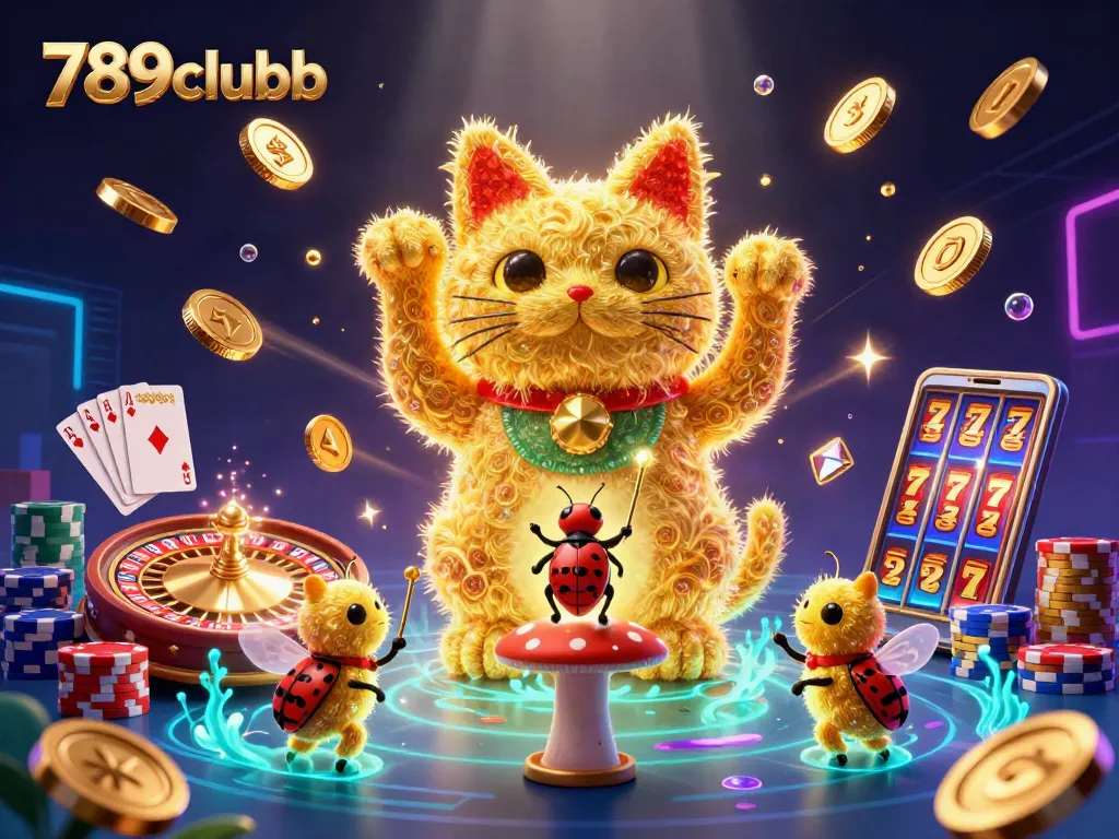 Engage with 789clubb's vibrant casino world where golden fireflies form lucky cat symbols enriched with dynamic casino elements.