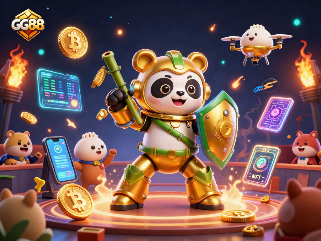 GG88 gaming scene featuring a mech-suit panda amidst glowing cryptocurrency elements and cheering animals.