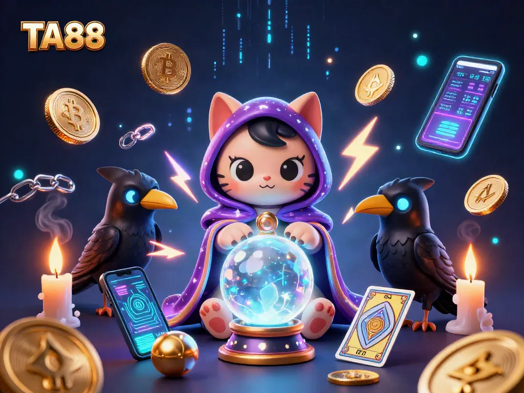 Engage with TA88's thrilling casino experience featuring a mystic cat and tarot raven in a vibrant digital scene.