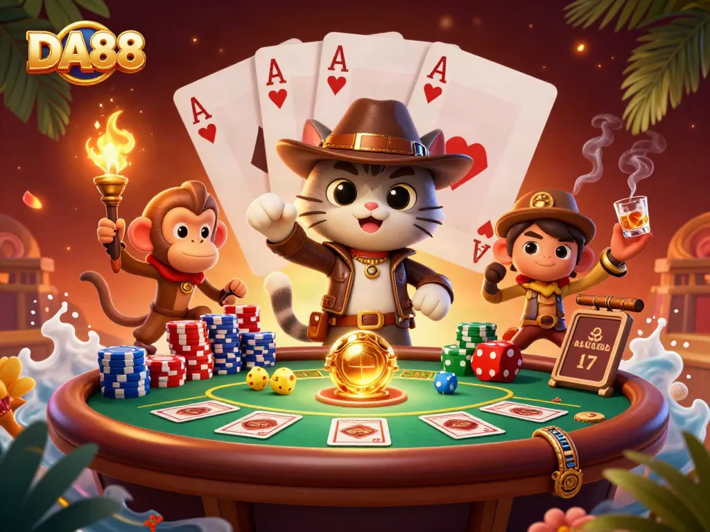 Engage with DA88's excitement through a 3D scene of an adventurer cat and monkey discovering casino treasure.