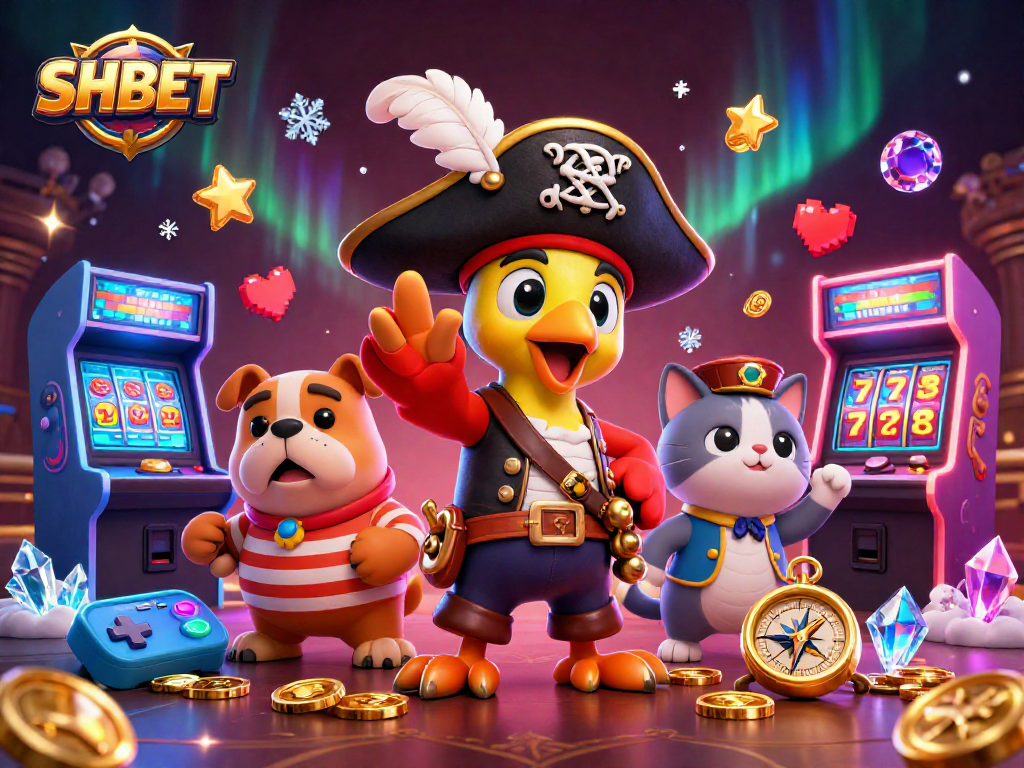 Engage in exciting gaming adventures at SHBET with dynamic scenes of slots, characters, and vibrant casino elements.