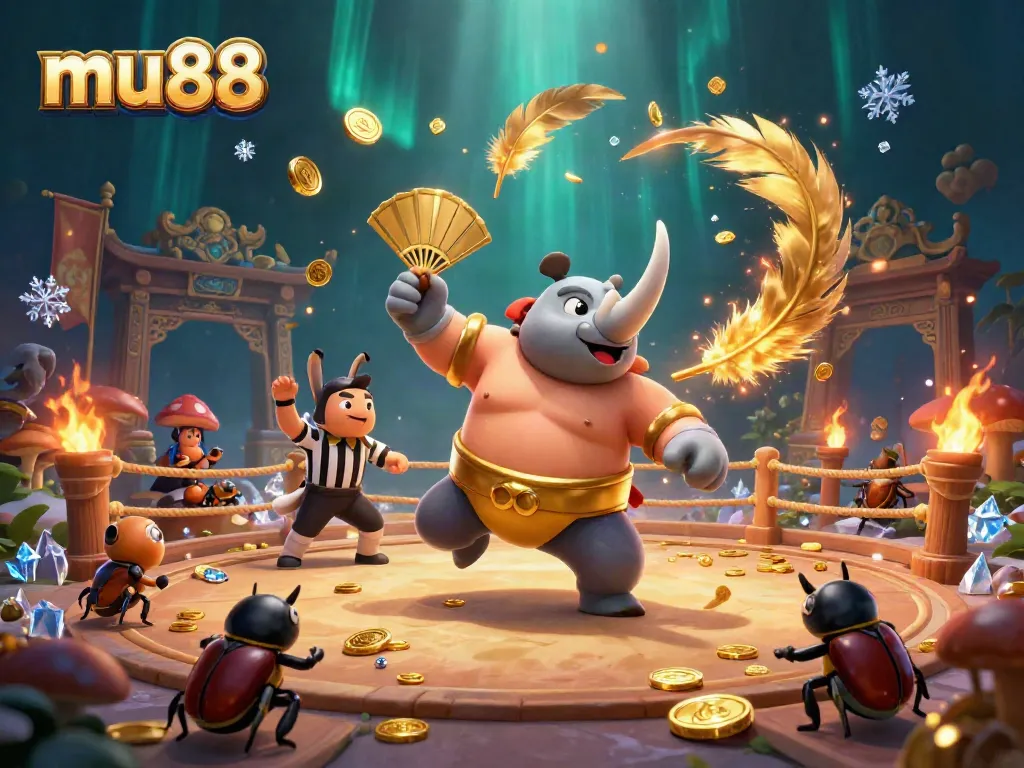 Experience thrilling bets with mu88 featuring a rhinoceros beetle champion and dynamic casino elements.