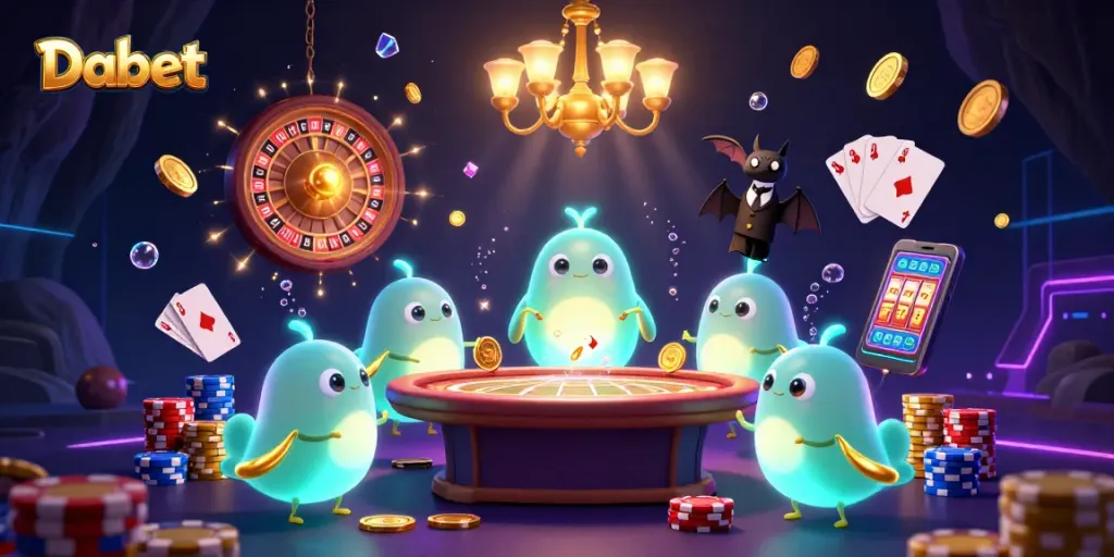 Dabet illuminates a casino with vibrant glowworms cascading coins as players spin and win.