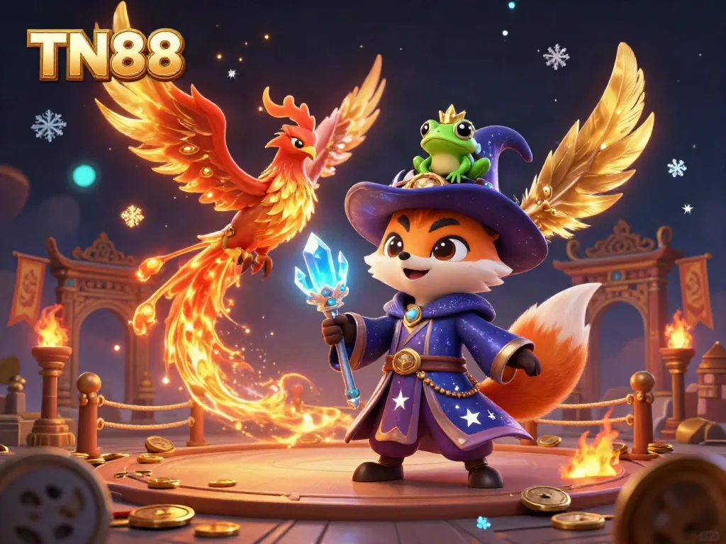 Witness TN88's magical casino realm where a wizard fox, phoenix, and enchanted frog celebrate winning moments.