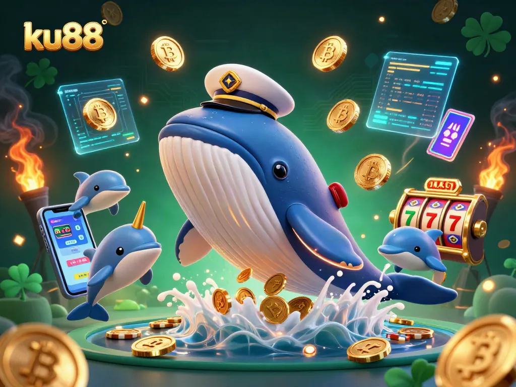Experience excitement at ku88 with a whale breaching in coins, symbols of slots, and playful dolphins showcasing casino fun.