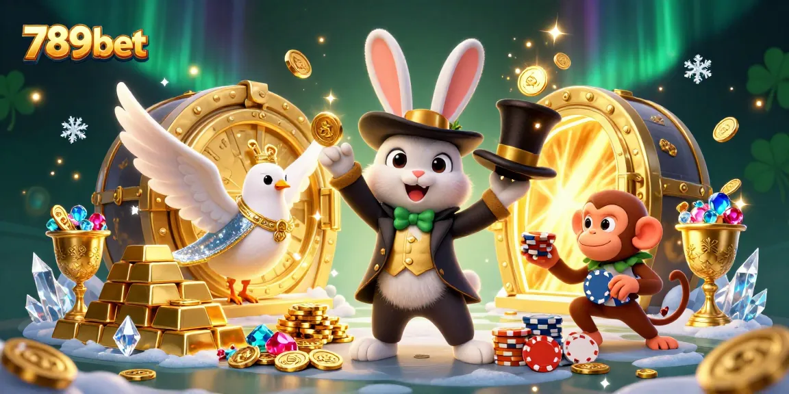Experience thrilling wins with 789bet's 3D magician rabbit and dazzling treasures in this enchanting casino scene.