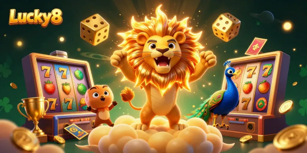 Experience the thrill of Lucky8 with vibrant slot reels, golden dice, and a roaring sun lion in a dynamic casino setting.