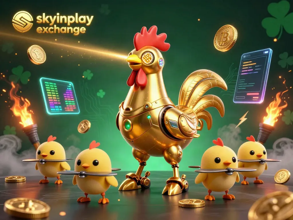 Bet on the skyinplay exchange with a vibrant scene featuring golden rooster robot and cartoon drones.