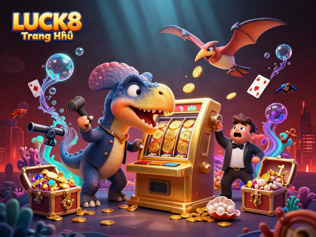 LUCK8 Trang Chủ illustration of a dino hitting a slot machine, with casino-themed treasures exploding.