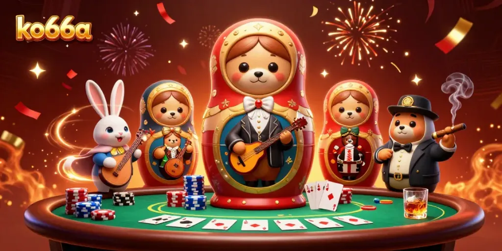 Experience vibrant casino thrills with ko66a's dynamic gaming elements in a colorful 3D scene.