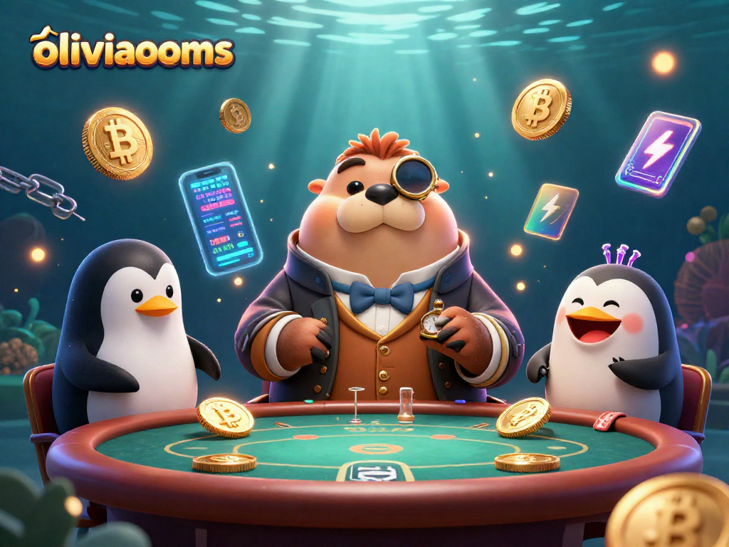 Play poker with the lively oliviaooms walrus and friends in a vibrant underwater scene filled with crypto coin excitement.