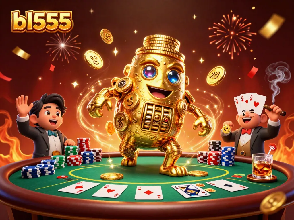 Experience thrilling gaming with bl555's golden golem surrounded by poker elements and celebratory effects.